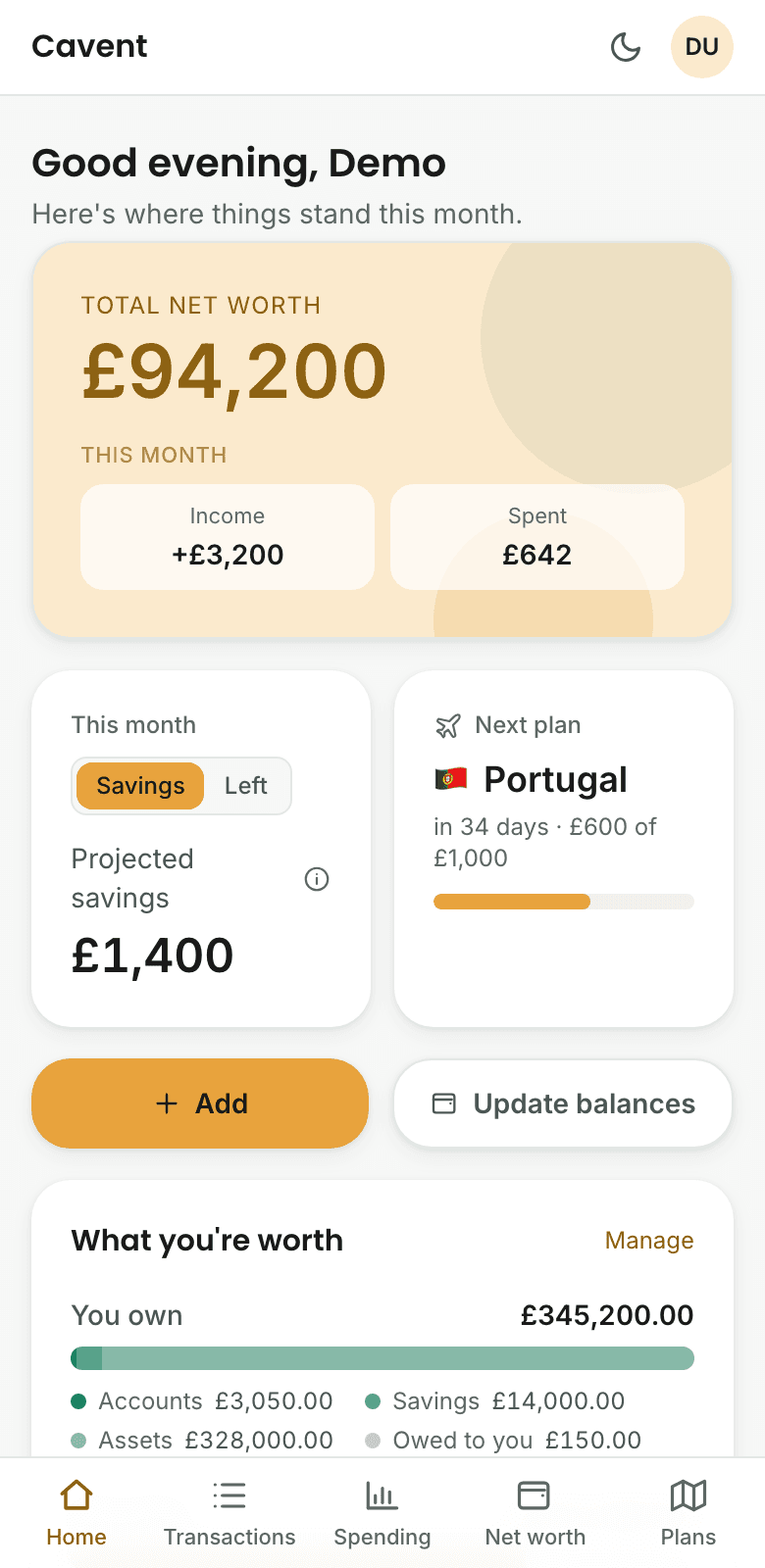 The Cavent dashboard showing a net-worth total and recent activity