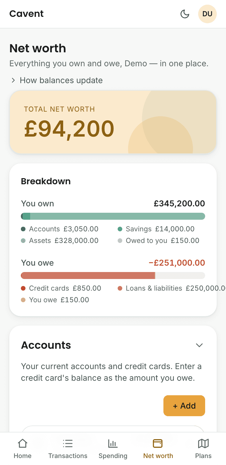The Cavent net-worth screen breaking down what you own and owe
